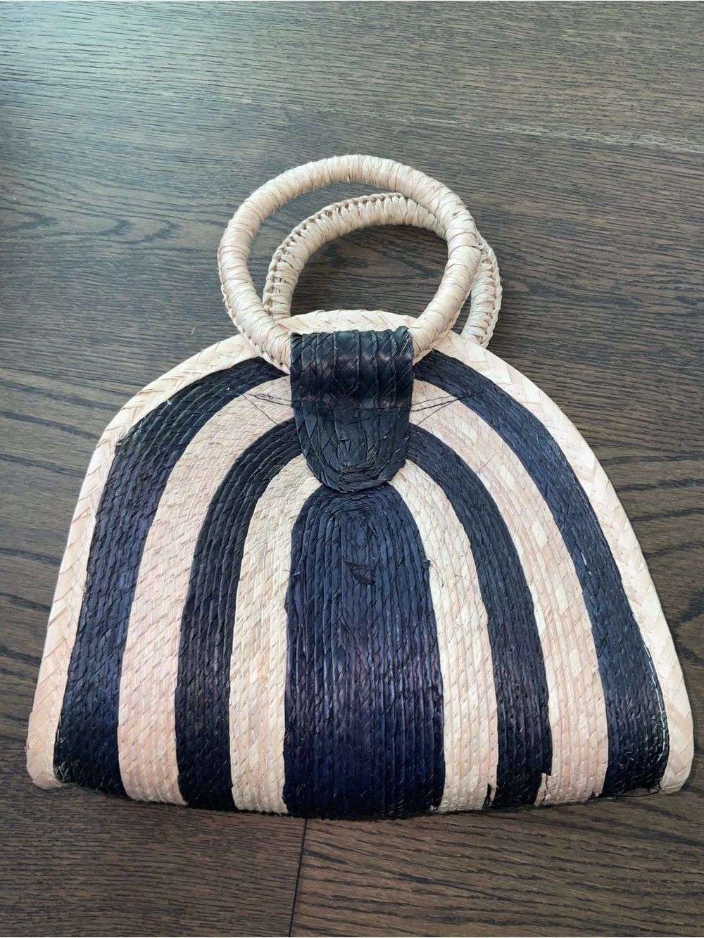 Vintage Black and Natural Striped Straw Tote